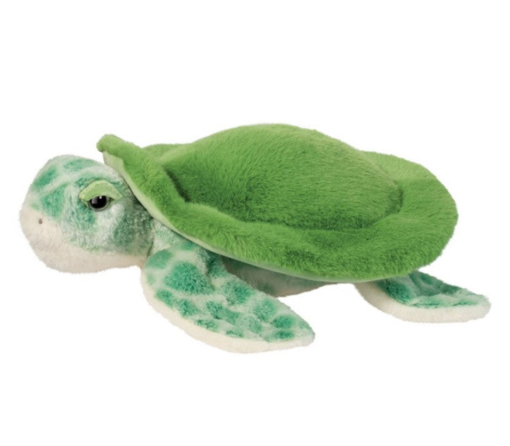 Meet the Douglas Drift Sea Turtle: a plush stuffed animal with a soft green shell, white underbelly, and green patterned flippers and head—the perfect ocean companion.