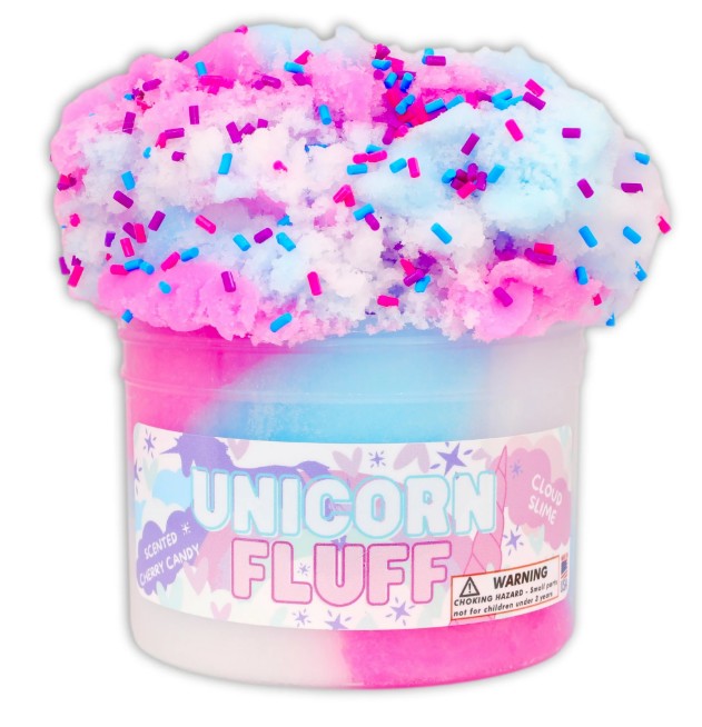 Dope Slime Unicorn Fluff by Dope Slime is a clear container filled with fluffy, pastel pink, blue, and purple cloud slime topped with matching sprinkles. The container is decorated with hearts and stars and features a small warning sign, making it perfect for sensory play.