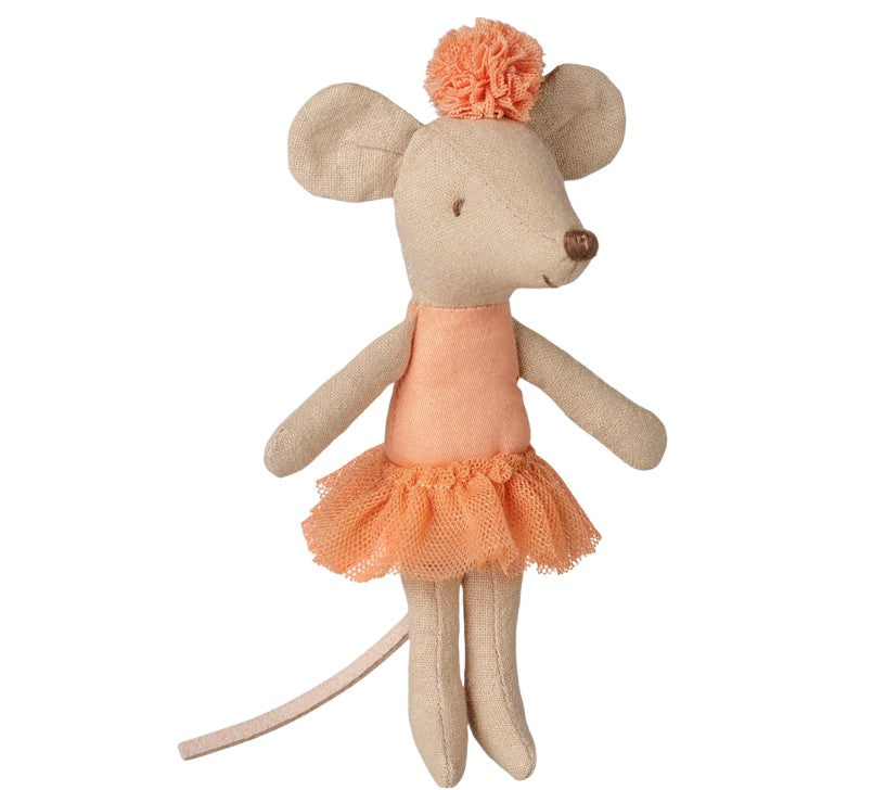 Introducing the Maileg Ballerina Mouse, Little Sister - Apricot by Maileg: this delightful stuffed mouse stands upright with arms and tail outstretched, dressed in an apricot tutu and a matching pom-pom headband—perfect for imaginative storytelling and dance-themed pretend play. Let Little Sister Ballerina Mouse inspire twirls, leaps, and enchanting ballet adventures!.
