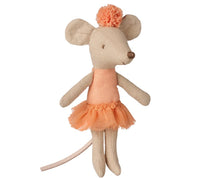 Introducing the Maileg Ballerina Mouse, Little Sister - Apricot by Maileg: this delightful stuffed mouse stands upright with arms and tail outstretched, dressed in an apricot tutu and a matching pom-pom headband—perfect for imaginative storytelling and dance-themed pretend play. Let Little Sister Ballerina Mouse inspire twirls, leaps, and enchanting ballet adventures!.