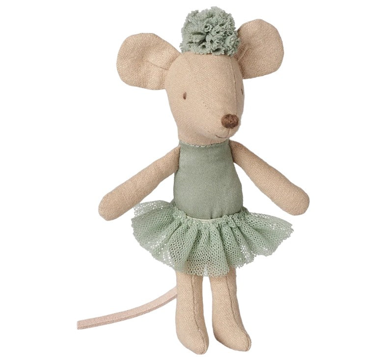 The Maileg Ballerina mouse, Little sister - Vintage mint by Maileg is a charming fabric mouse doll dressed in a vintage mint green tulle skirt and matching headpiece, featuring stitched facial details and a long tail. Standing upright, this delightful dance-themed toy is perfect for imaginative play.