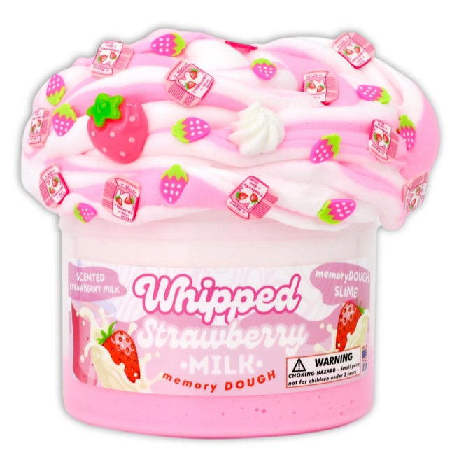 A jar of Dope Slime Whipped Strawberry Milk by Dope Slime features fluffy, pink whipped strawberry memory dough ideal for sensory play. It is topped with a swirl of white and pink slime and adorned with adorable strawberry and milk carton charms.