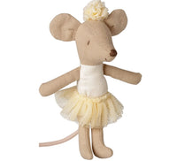 The Maileg Ballerina Mouse, Little Sister - Off White by Maileg features a beige fabric body, stitched facial details, and is dressed in an off-white tutu with a coordinating flower headband—ideal for ballet-themed imaginative play and charming miniature dance recitals.