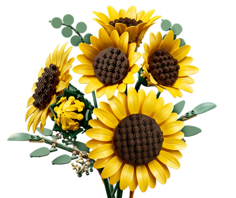 Bring the beauty of the LEGO Sunflower Bouquet into your home with this buildable flower set from LEGO’s Botanical Collection, featuring five sunflowers with vibrant yellow petals, brown centers, and lifelike green stems and leaves, all elegantly arranged against a white backdrop.