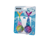 Two vibrant Waboba Dive Tails - Pool Dive Characters in mermaid tail designs, packaged against a blue aquatic backdrop with “Dive Tails” and “Sinks” text. Ideal for underwater play and helping to develop swimming skills. Suitable for ages 8 and up.