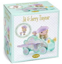 Packaging for the DJECO Tinyly Jil Tinycar toy, featuring a pastel-colored miniature vehicle with two Tinyly figurines. The box is adorned with floral decorations and showcases delightful DJECO tinyly branding.