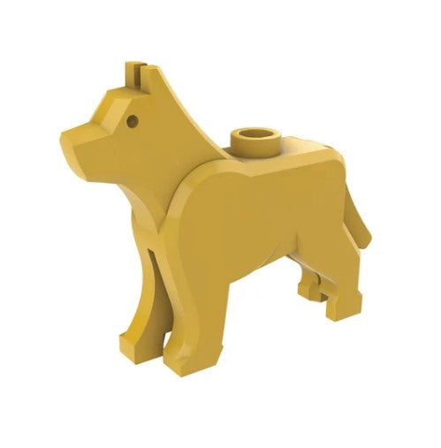 A yellow plastic toy dog figure, compatible with Alpha Toys Police Car sets, features a simple blocky design and a round connector on its back—perfect for inspiring patrol adventures and rescue missions with your Alpha Toys crew.