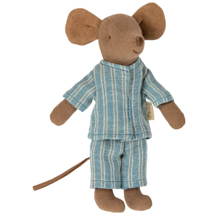 The Maileg Big Brother Mouse In Matchbox by Maileg features a brown plush mouse in blue and white striped pajamas, with large ears, a long tail, and a side tag—perfect for snuggling in its included matchbox bed.