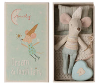 The Maileg Tooth Fairy Mouse, Little Brother In Matchbox by Maileg features a crowned mouse in a matchbox bed, accompanied by a blue tooth-shaped box and wand—ideal for magical, imaginative play.