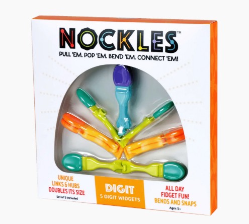 A Fun in Motion Nockles - Digit fidget toy set in packaging, featuring five vibrant, finger-shaped connected links designed for bending, popping, and snapping to provide sensory play and stress relief.