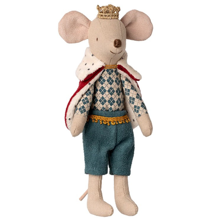 Maileg King Mouse, Dad: This regal stuffed toy by Maileg features a patterned shirt, blue shorts, gold crown, and red-and-white cape with gold trim—perfect for fairy-tale play. Stands upright and wears a royal smile.