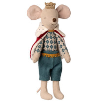 Maileg King Mouse, Dad: This regal stuffed toy by Maileg features a patterned shirt, blue shorts, gold crown, and red-and-white cape with gold trim—perfect for fairy-tale play. Stands upright and wears a royal smile.