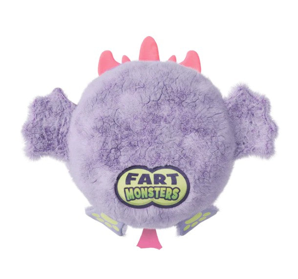The Scentco 10" Fart Monsters: Cheeky (Grape Scent) is a round, fluffy purple plush toy with pink spikes, small wings, and "Fart Monsters" written on its belly in green and black letters. With its grape scent and silly monster design, it's the perfect gift for kids who love fun and playful plush toys.
