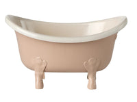 The Maileg Bathtub, Mouse - Rose by Maileg features a small vintage style with a light pink exterior, white interior, and four short curved legs, shown against a plain white background.