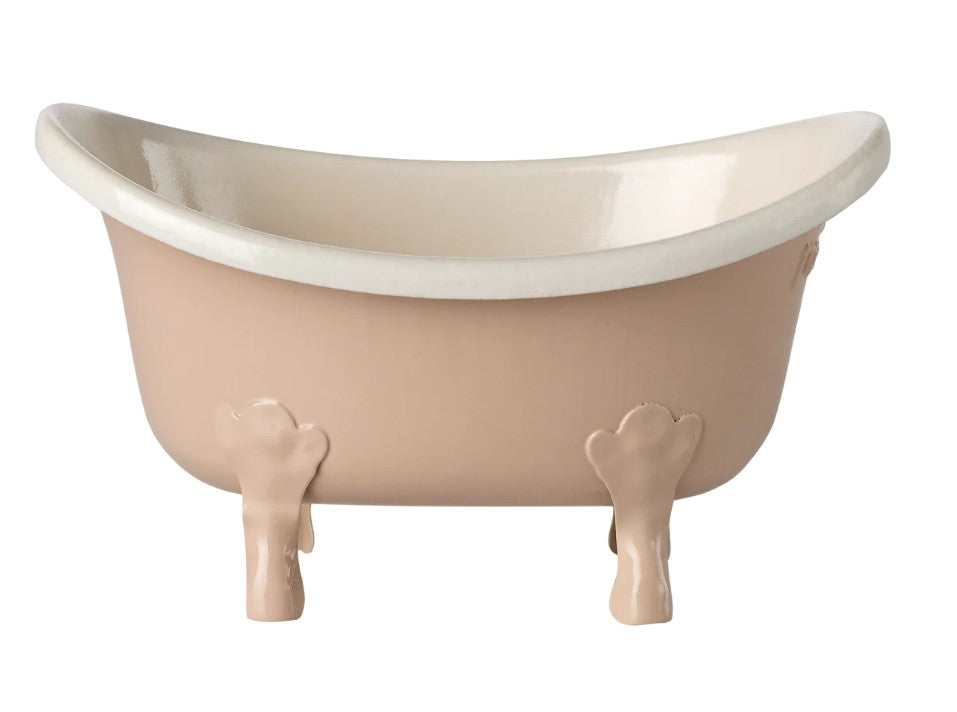 The Maileg Bathtub, Mouse - Rose by Maileg features a small vintage style with a light pink exterior, white interior, and four short curved legs, shown against a plain white background.