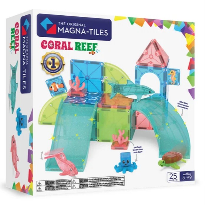 The Magna-Tiles Coral Reef 25-Piece Set by Magna-Tiles features colorful magnetic building pieces and sea animal figures, including a dolphin, turtle, and octopus, allowing kids ages 3–99 to create ocean-themed underwater structures for imaginative play.