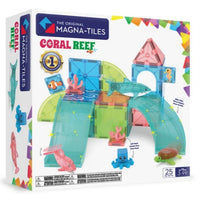 The Magna-Tiles Coral Reef 25-Piece Set by Magna-Tiles features colorful magnetic building pieces and sea animal figures, including a dolphin, turtle, and octopus, allowing kids ages 3–99 to create ocean-themed underwater structures for imaginative play.