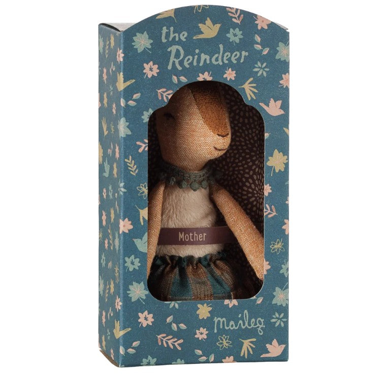 A Maileg Reindeer, Mother plush toy sits inside a floral blue box with a clear window. The box features “Reindeer” and “Maileg” branding, surrounded by flower and leaf illustrations—making it perfect for woodland stories and imaginative play.