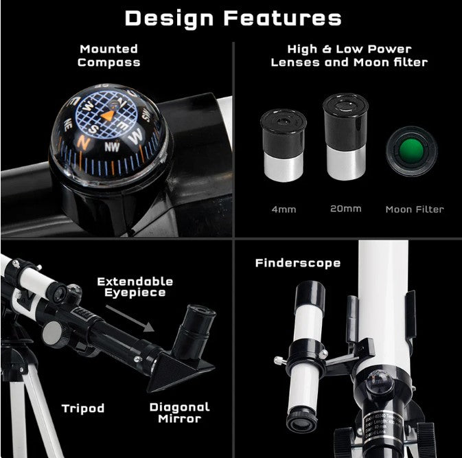 A collage highlights the Thames & Kosmos Telescope for beginners, showing its mounted compass, two eyepieces, moon filter, extendable eyepiece with diagonal mirror on a tripod, and a close-up of the attached finderscope.