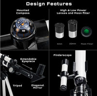A collage highlights the Thames & Kosmos Telescope for beginners, showing its mounted compass, two eyepieces, moon filter, extendable eyepiece with diagonal mirror on a tripod, and a close-up of the attached finderscope.