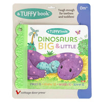 The Cottage Door Press Dinosaurs Big & Little (Tuffy Teether Indestructible) is a soft, chewable baby teether book featuring a purple and green dinosaur illustration on the cover. Designed for ages 0 months and up, it's tough for teething and washable.