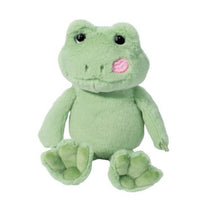 The Douglas Smooch Valentine Frog is a light green plush with round black eyes, a stitched mouth, and a pink lipstick-kiss patch on its left cheek. This cuddly stuffed animal sits upright, facing forward.