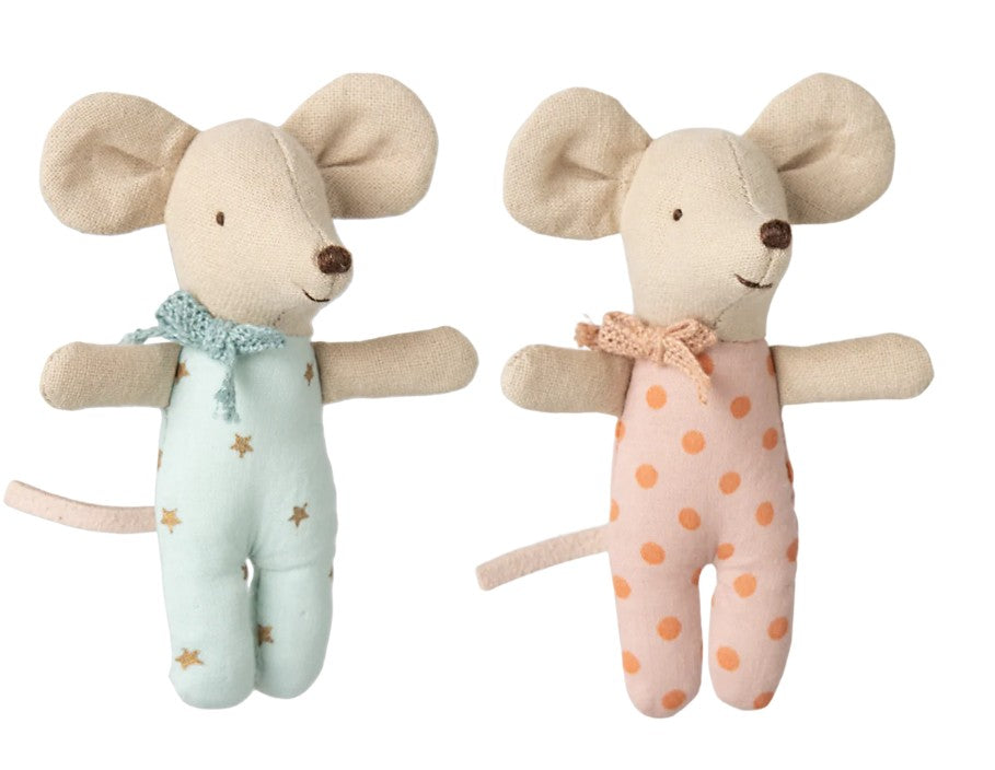 Maileg Twins, Baby Mice in Matchbox by Maileg—adorable twin mice with big ears and stitched smiles, dressed in light blue with gold stars and peach with orange polka dots, perfect for a matchbox bed.