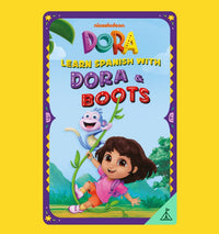 Bright poster featuring Dora and Boots climbing a green vine, both smiling. Text reads "Yoto Learn Spanish with Dora and Boots" by Yoto, on a purple-bordered background with a yellow frame.