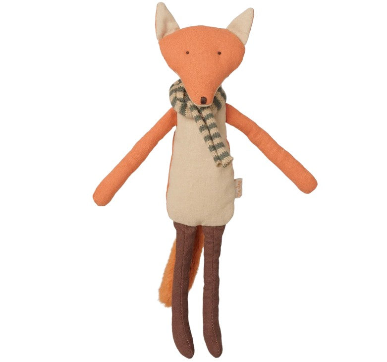 The Maileg Fox, Little Brother by Maileg is a plush doll featuring an orange and beige body, long brown legs, simple black eyes, a pointed snout, and a striped scarf around its neck—perfect for imaginative play.