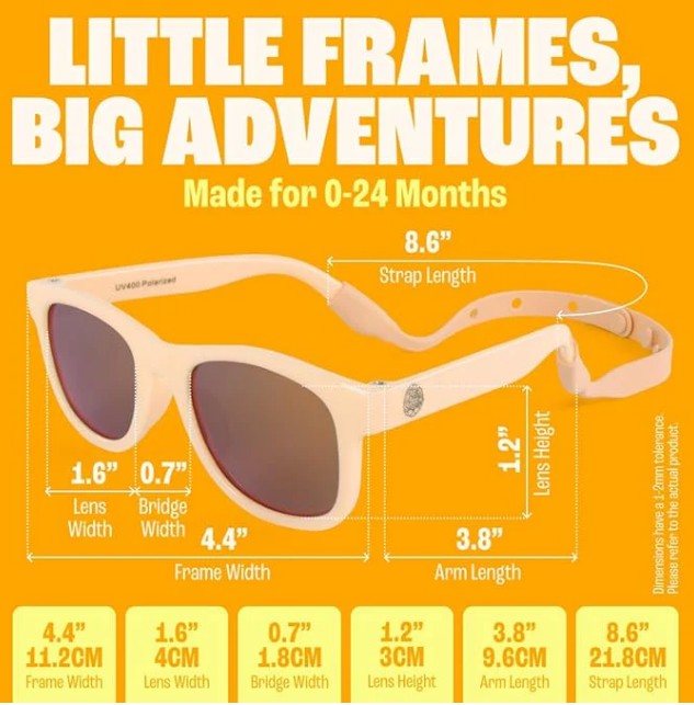 Peach Baby Polarized Sunglasses Strap UV Protection 0-24M by Baby Sunnies are displayed on an orange background, showing labeled measurements such as lens width, bridge width, frame width, lens height, and adjustable strap length. The text reads: “Little Frames, Big Adventures.”.