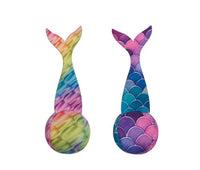 Discover Waboba Dive Tails - Pool Dive Characters: two plush mermaid tail toys, featuring one with a vibrant rainbow tie-dye design and another with blue and purple scales, both displayed on a white background—excellent for creative underwater adventures or as playful pool dive toys that help promote swimming skill development.