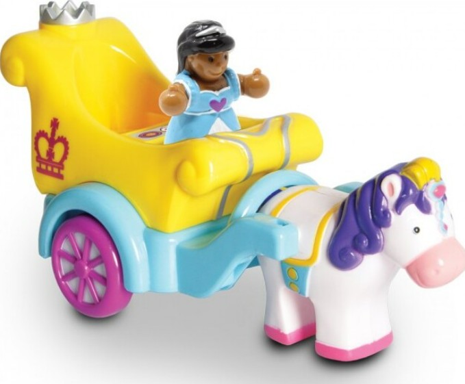 Phoebes Princess Parade by Smart Toys is a colorful play set featuring a smiling princess in a blue dress and a white horse with a purple mane. The yellow carriage boasts crown and heart designs, perfect for imaginative role-play fun.