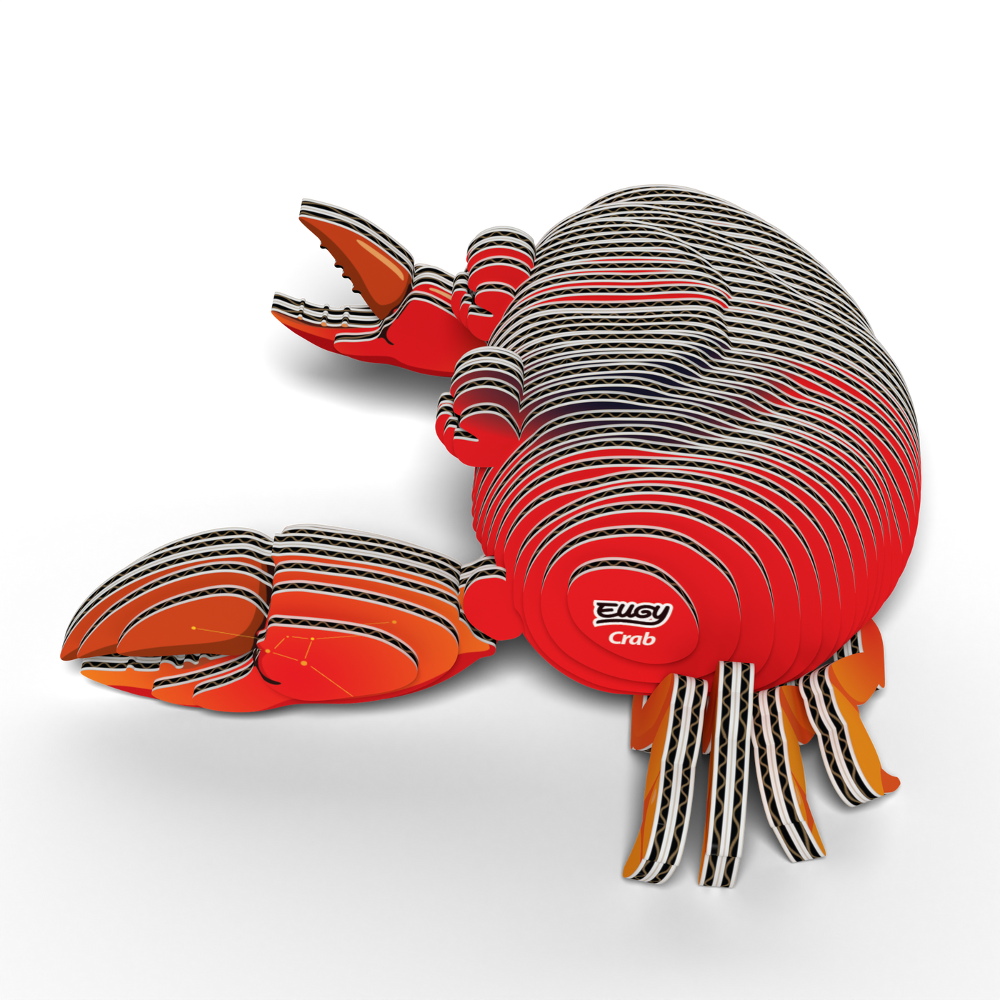 A EUGY Crab 3D Puzzle by Eugy, made from eco-friendly interlocking red, orange, and black cardboard pieces, sits on a white background. This puzzle features two large claws, striped legs, and has "Crab" printed on the side.