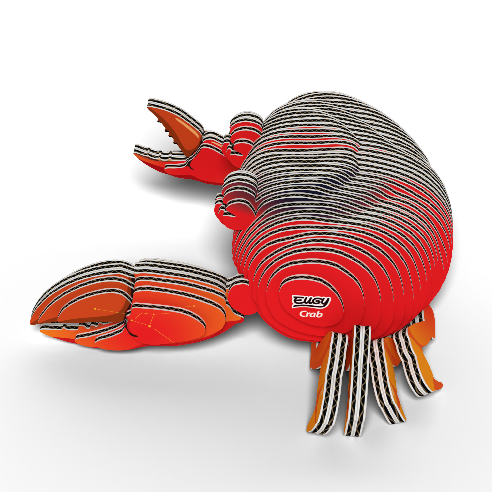 A EUGY Crab 3D Puzzle by Eugy, made from eco-friendly interlocking red, orange, and black cardboard pieces, sits on a white background. This puzzle features two large claws, striped legs, and has "Crab" printed on the side.