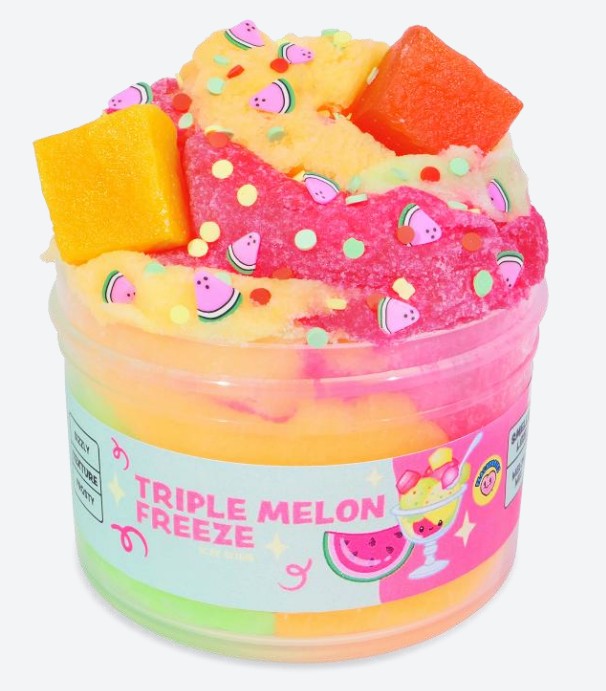 A jar of Peachybbies Slime’s Triple Melon Freeze Slime features vibrant, swirled slime in melon-inspired colors, topped with faux melon cubes and pastel sprinkles shaped like watermelons and dots. The packaging showcases playful summer graphics, making this slime perfect for sensory fun.