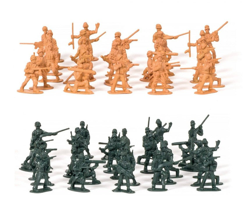 Two groups of Schylling Toys' Retro Mini Soldier 60 Pack, featuring tan and green plastic army men, are neatly arranged in rows on a white background. Each set includes mini soldier figures in assorted action poses with weapons, making them perfect for imaginative pretend play adventures.