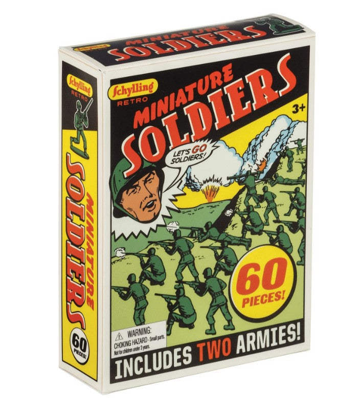 Box of Schylling Toys Retro Mini Soldier 60 Pack, featuring illustrated army men in action, bold "60 pieces!" text, and choking hazard warnings. Ideal for pretend play, this classic set includes two armies of miniature soldier figures and is suitable for ages 3 and up.
