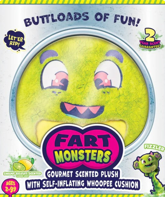 A 10" round, green Fizzler (Lemon Lime) Fart Monster plush from Scentco is packaged in a box labeled "Fart Monsters." The packaging promotes a self-inflating whoopee cushion and swamp biscuit scent, making this collectible toy irresistible. The text boasts, "Butloads of fun!.