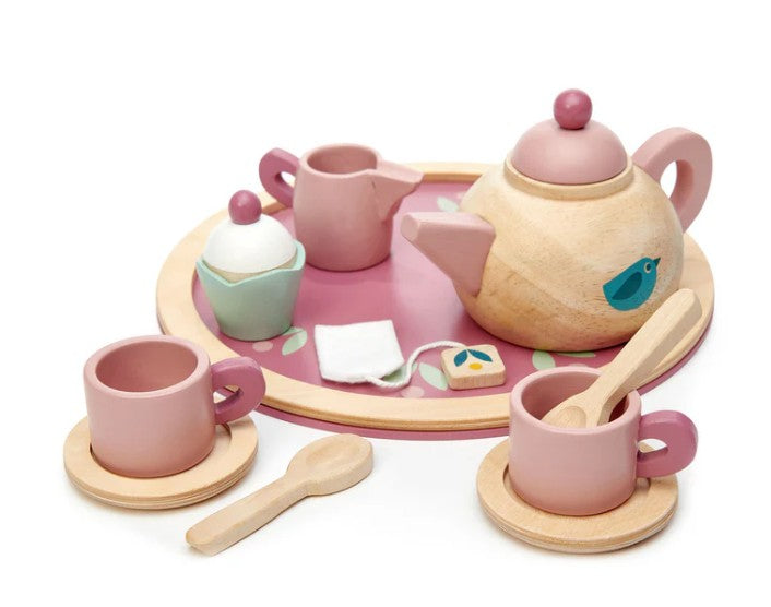 The Tenderleaf Birdie Afternoon Tea Stand is perfect for pretend play, featuring a teapot, cups, saucers, sugar bowl, creamer, spoon, and tray in pink and pastel colors with a blue bird design—ideal for any tea party adventure.