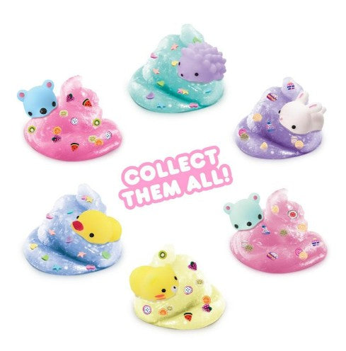 Six vibrant piles of So Slime Mochi Slime from License 2 Play, each topped with an adorable animal character, provide both sensory fun and stress relief. In the center, pink and white bubble letters announce: COLLECT THEM ALL!.