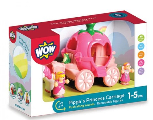 Smart Toys’ Pippas Princess Carriage is a boxed toy set for ages 1-5. The fruit-shaped pink carriage promotes imaginative play and includes princess and unicorn figures, both shown on the front of the box.