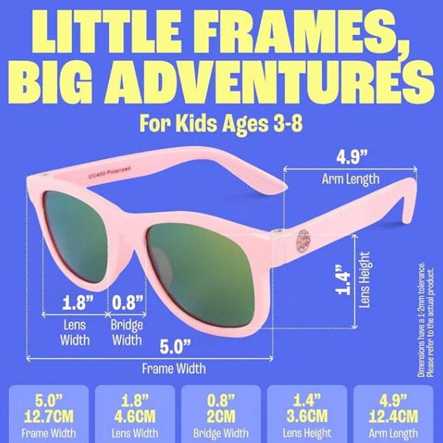 Baby Sunnies Barbie Pink Kids Polarized Sunglasses for ages 3–8 feature UV protection and come with labeled measurements: 5.0 frame width, 1.8 lens width, 0.8 bridge width, 4.9 arm length, and 1.4 lens height.