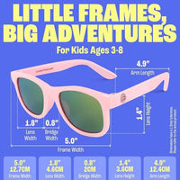 Baby Sunnies Barbie Pink Kids Polarized Sunglasses for ages 3–8 feature UV protection and come with labeled measurements: 5.0 frame width, 1.8 lens width, 0.8 bridge width, 4.9 arm length, and 1.4 lens height.