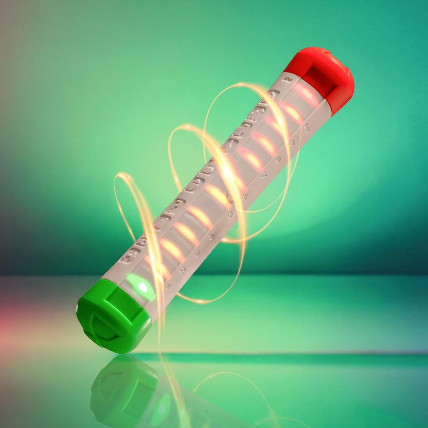 The Stickflip by ImagiNew Playhome is displayed upright on a shiny surface, with its cylindrical form featuring striking red and green ends. Surrounded by swirling yellow light trails set against a teal background, this portable puzzle game is designed to challenge hand-eye coordination and offer hours of engaging fun.