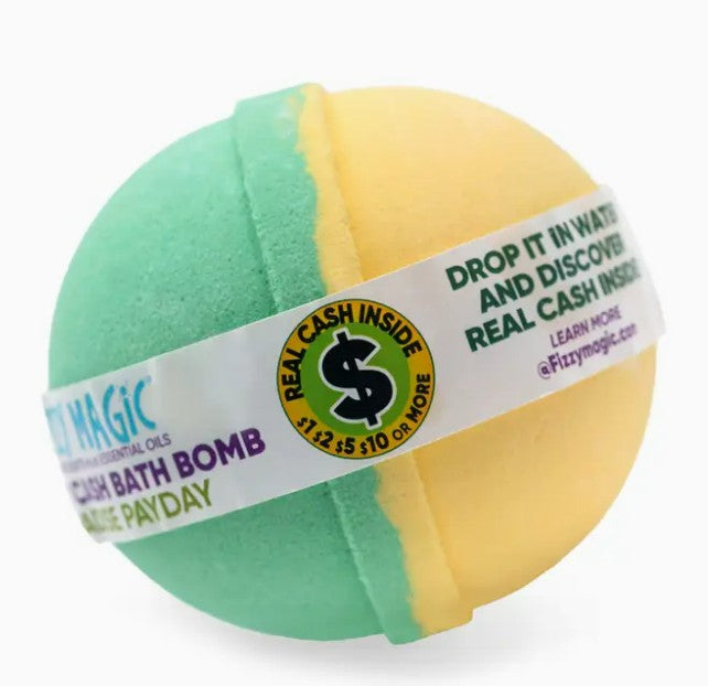 Experience the Mystery Real Money Bath Bomb Surprise from Purposeful Bliss - Fizzy Magic! Drop this green and yellow bath bomb in water to reveal real cash—$1, $2, $5, $10 or more—hidden inside.