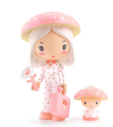 DJECO Tinyly Amy & Mushy features a charming figurine with white hair, a pink polka-dot mushroom hat, and a matching outfit, holding a suitcase and flower to evoke woodland magic, accompanied by her tiny companion in a coordinating mushroom hat.