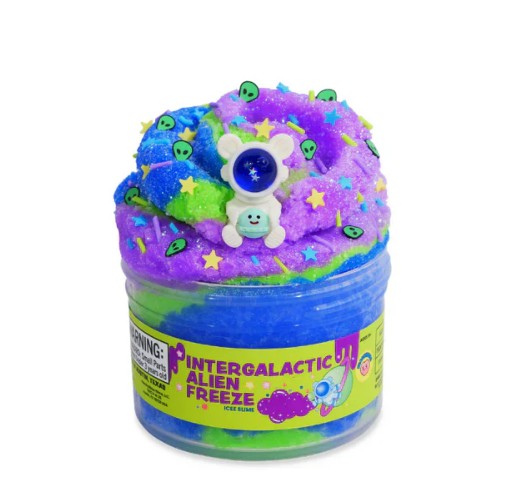 A jar of Peachybbies Slime’s Intergalactic Alien Freeze Slime, featuring vibrant purple and blue cosmic slime layers, topped with star and alien sprinkles and a tiny alien figure—perfect for sensory play.