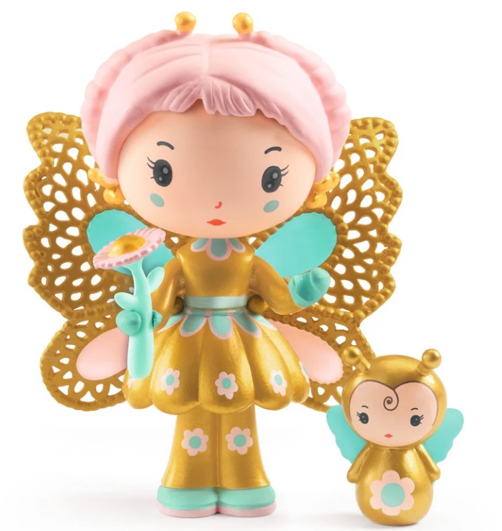 The DJECO Tinyly Hortense & Fly set by DJECO features an adorable doll from the Tinyly collection with butterfly wings, pink hair, and a gold dress holding a flower. Beside her is Fly—a small, coordinating gold and pink bee-like collectible figure—both adorned with pastel blue and pink accents, making them perfect for imaginative play.