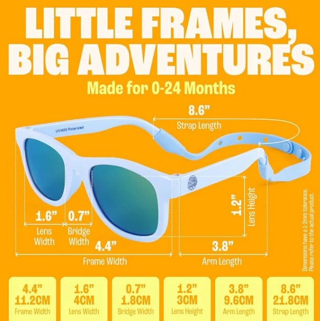 Sky Blue and white Baby Sunnies kids sunglasses with clearly labeled measurements for lens width, bridge width, frame width, and arm length, set against a bright yellow background. Text highlights that these Polarized UV400 sunglasses by Baby Sunnies are specially designed for children ages 3-8.