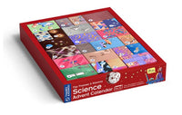A vibrant red box labeled "The Thames & Kosmos Science Advent Calendar" by Thames & Kosmos features 24 colorful, numbered doors, each adorned with unique illustrations and patterns. The packaging displays images of a die and a scientist, inviting kids to discover exciting STEM activities and hands-on experiments hidden behind every door.